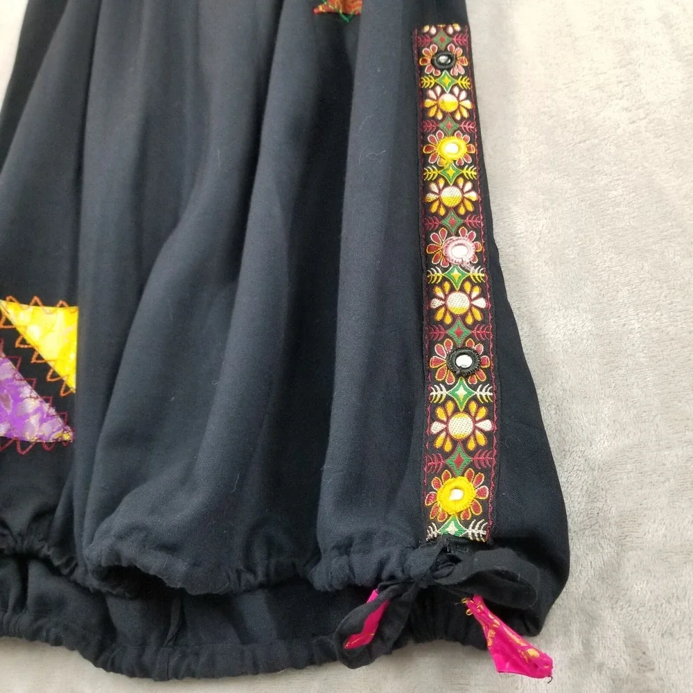 Vintage Sacred Threads Skirt Women S/M Black Maxi Patchwork Ruched‎ Side Hippie